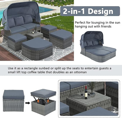 Rectangle Furniture Daybed Sunbed with Retractable Canopy, Outdoor Wicker Conversation Set with Cushions for Patio, Backyard, Porch, Garden, Onesize, Hb-Gray