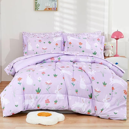 Mooreeke Bed in a Bag for Kids Girls Teens, 5 Pieces Twin Size Comforter Bed Set with Shams, Sheet Set, Rabbit Purple Super Soft Microfiber Kids Comforter Bedding Set