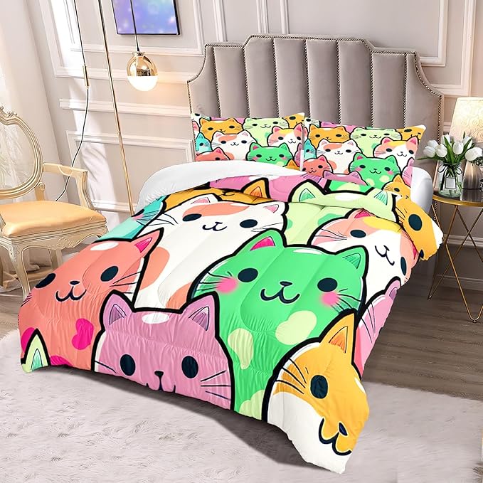 Cat Bedding Queen Size - Cat Comforter Set for Kids Girls Cartoon Cat Bedding Set Room Decor Teens Queen Comforter Sets for Girls, 1 Comforter+2 Pillowcases