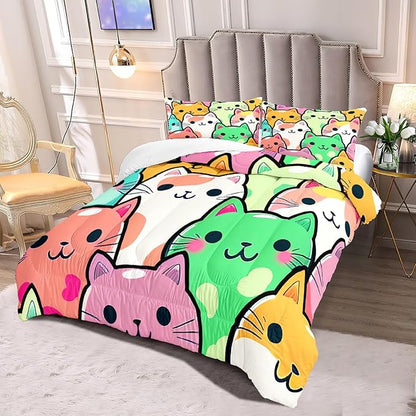 Cat Bedding Set - Full Size Comforter, 2 Pillowcases for Girls, Soft Breathable Polyester, Machine Washable, Cat Themed Bedding for Kids Room Decor, Birthday & Holiday Gift