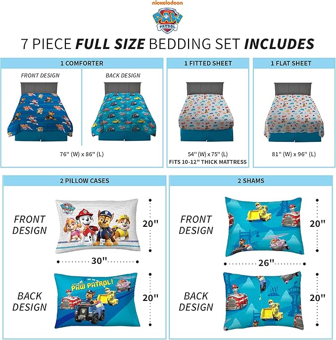 Franco Kids Bedding Super Soft Comforter and Sheet Set with Sham, 7 Piece Full Size, Paw Patrol