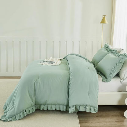Andency Sage Green Twin Comforter Set, 2 Pieces Kids Ruffle Comforter Set Twin(66x90Inch), Farmhouse Shabby Chic Comforter Set, Soft Microfiber Kids Bedding Set