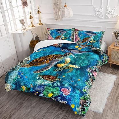 CVHOUSE Sea Turtle Comforter Set,Ocean Sea Turtle Bedding Set for Kids Teens,Ocean Sea Turtle Comforter Sea Turtle Duvet Set Room Decor Quilt Set Full Size