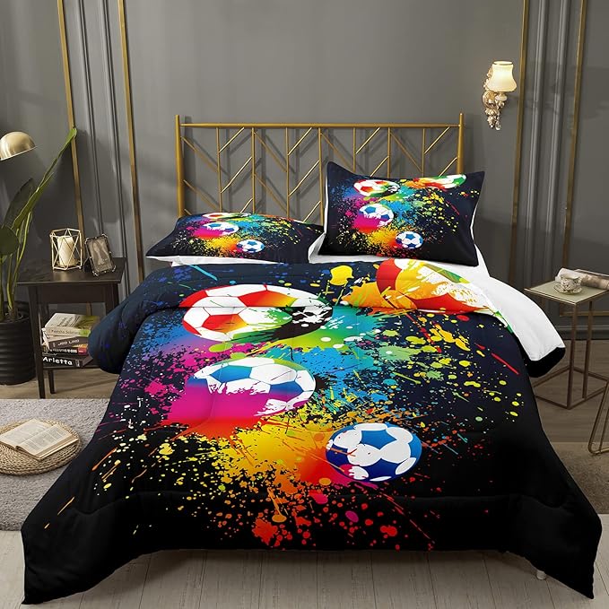 Bodhi Boys Teen Comforter Set King,Soccer Comforter Set King,Boys Sports Comforter Set King,Rainbow Graffiti Football Bedding Set for Boys,Kids,Teens with Matching Pillowcases
