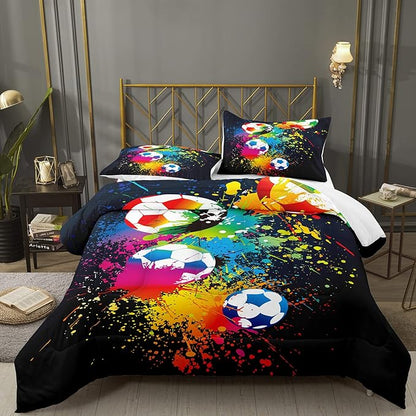 Bodhi Boys Teen Comforter Set Queen,Soccer Comforter Set Queen,Boys Sports Comforter Set Queen,Rainbow Graffiti Football Bedding Set for Boys,Kids,Teens with Matching Pillowcases