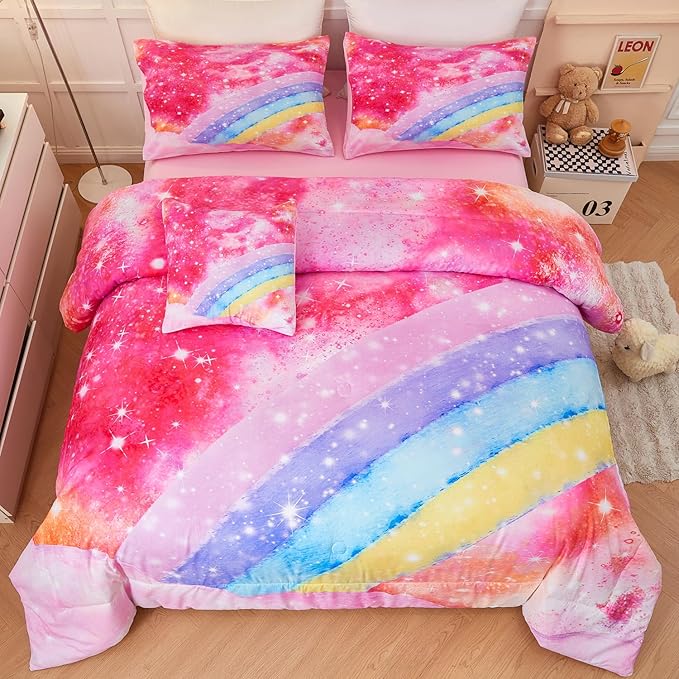 6 Pieces Pink Tie Dye Full Size Bedding Sets for Girls/Teens/Kids, Colorful Rainbow Girls Comforter Set, Sparkle Galaxy Glitter Bedding Comforter Set for All Season