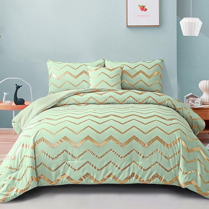 Sage Green/Gold Comforter Set Queen, Metallic Print Glitter Bedding Set Cute Shinny Bed Sets for Teen Girls Kids Women, 4 Piece (2 Pillowcases, 1 Decorative Pillow Sham)