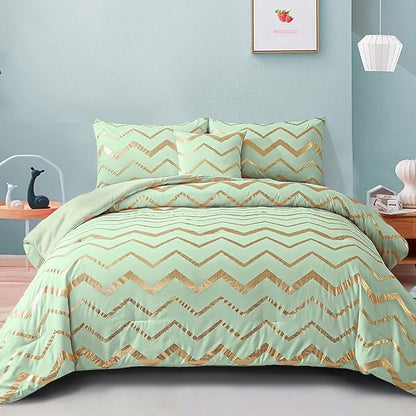 Sage Green/Gold Comforter Set Queen, Metallic Print Glitter Bedding Set Cute Shinny Bed Sets for Teen Girls Kids Women, 4 Piece (2 Pillowcases, 1 Decorative Pillow Sham)