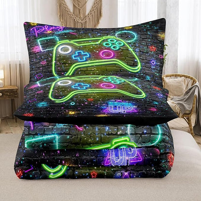 Boys Queen Size Bedding Set, Kids Bedding Sets for Boys, Gaming Comforter Sets for Boys, Teen Boys Gaming Bedding Sets, Gamer Room Decor for Boys Teens Girls (1 Comforter +2 Pillowcases)