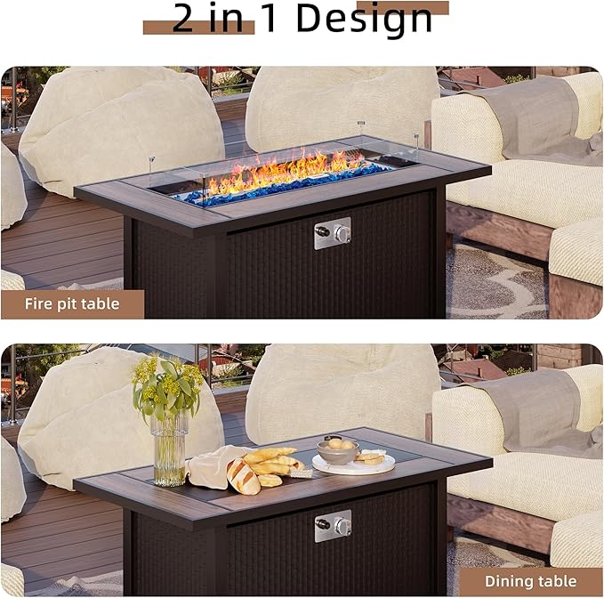 Shintenchi 6 Pieces Patio Furniture Sets w/Fire Pit Table, Outdoor Conversation Set w/50,000 BTU Steel Gas Fire Pit, Beige Patio Rattan Sectional Sofa Set w/Brown Top Fire Pit