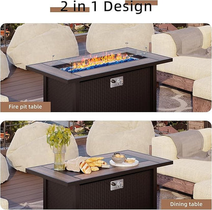 Shintenchi 6 Pieces Patio Furniture Sets w/Fire Pit Table, Outdoor Conversation Set w/50,000 BTU Steel Gas Fire Pit, Beige Patio Rattan Sectional Sofa Set w/Brown Top Fire Pit