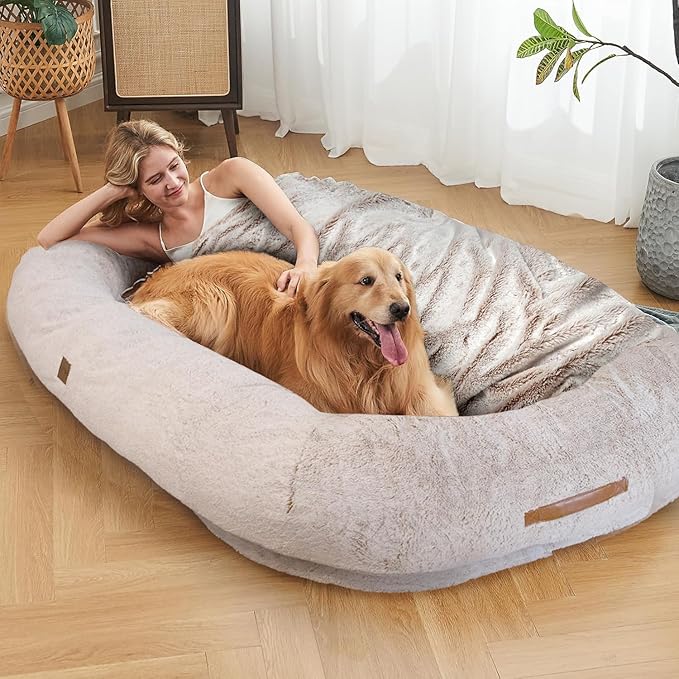 Human Dog Bed for Adult - Giant Dog Bed for Humans – Fluffy with Washable Cover, Nonslip, Waterproof Lining, Storage Pockets, Soft blanket – Ideal for Adults and Kids, Sized to Fit Small to Large Pets