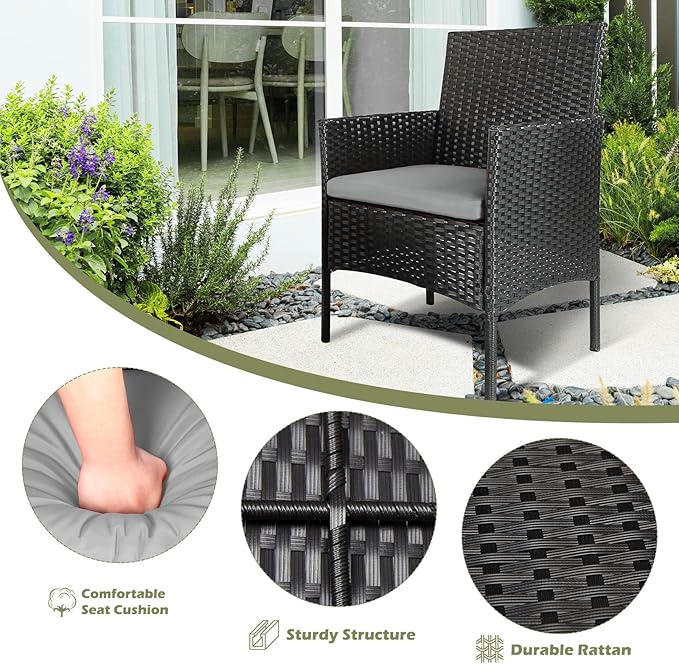 Patio Furniture Set 3 Pieces All-Weather Rattan Outdoor Furniture Patio Chairs with Tempered Glass Table for Porch Bistro Balcony Bistro Set(Black/Grey-3)