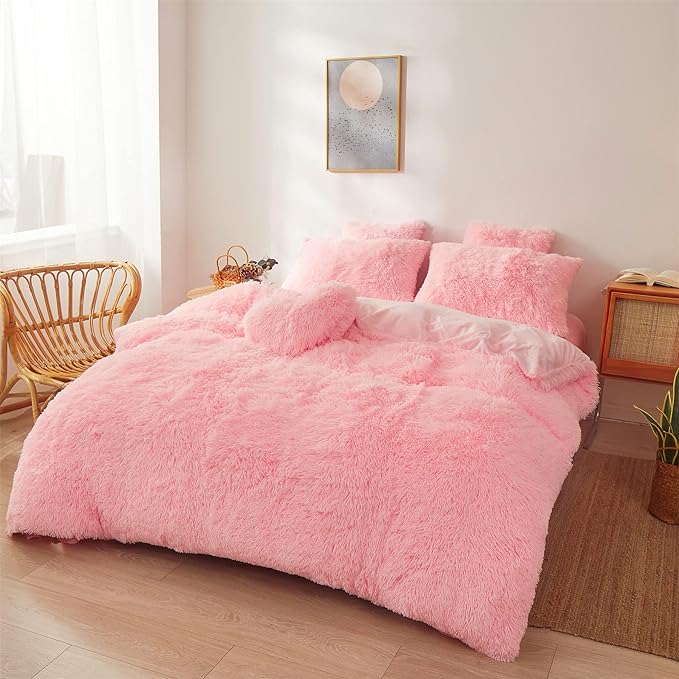 Fluffy Faux Fur Pink Comforter Cover Set Queen - Ultra Soft Plush Pink Bedding Sets 3 Pieces (1 fluffy duvet cover + 2 Faux Fur Pillow case) Cute Pink Bed Set (Light Pink, Queen)