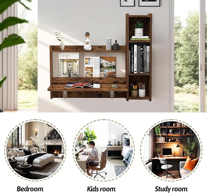 Pmnianhua Farmhouse Floating Desk,41''Wall Mounted Desk,L Shaped Folding Table,Fold Down Laptop Computer Table with Storage for Wall Bedroom Small Space (Rustic Brown-Right)