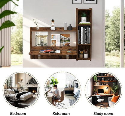 Pmnianhua Farmhouse Floating Desk,41''Wall Mounted Desk,L Shaped Folding Table,Fold Down Laptop Computer Table with Storage for Wall Bedroom Small Space (Rustic Brown-Right)