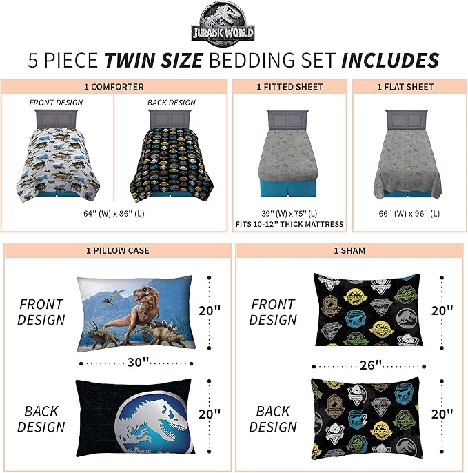 Franco Kids Bedding Super Soft Comforter and Sheet Set with Sham, 5 Piece Twin Size, Jurassic World,6A1348