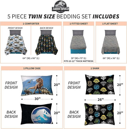 Franco Kids Bedding Super Soft Comforter and Sheet Set with Sham, 5 Piece Twin Size, Jurassic World,6A1348