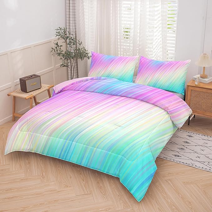 Bodhi pink twin comforter set,comforter set for girls,tie dye bedding set for kids,kids girls bedding sets,twin comforter sets for girls,2PCS rainbow bedding set with pillowcase
