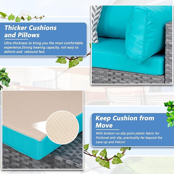 Shintenchi 5 Pieces Outdoor Patio Sectional Sofa Couch, Silver Gray PE Wicker Furniture Conversation Sets with Washable Cushions & Glass Coffee Table for Garden, Poolside, Backyard (Blue)