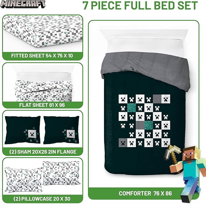 Minecraft Creeper Full Comforter Set - 7 Piece Gamer Bedding includes Sheet Set & Pillow Covers - Super Soft Checkered Kids Bedding