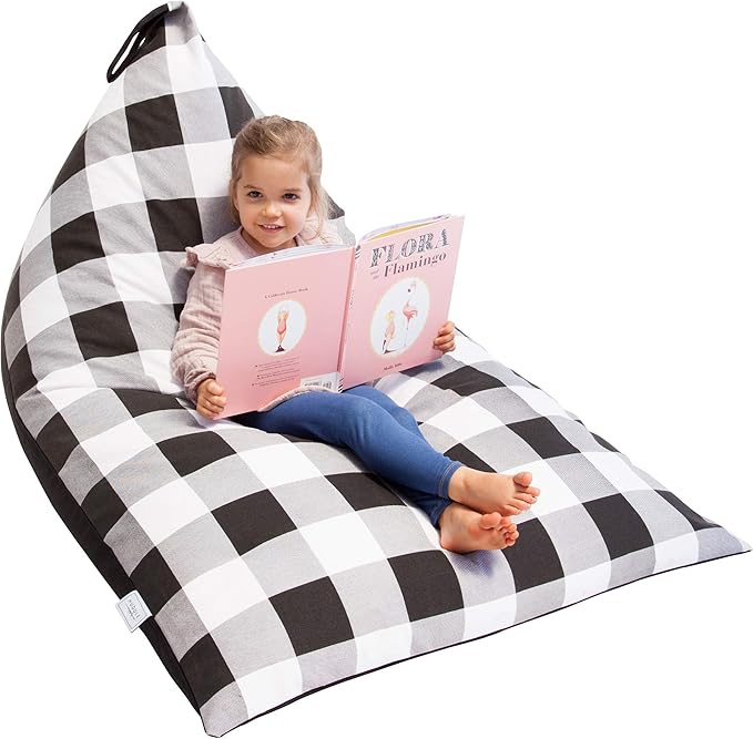 Stuffed Animal Bean Bag Storage - Machine Washable Bean Bag Chair for Kids - Extra Large Cover for Stuffing with Plush Toys, Pillows, Soft Items - Stuffed Animal Holder for Boys & Girls - Gingham