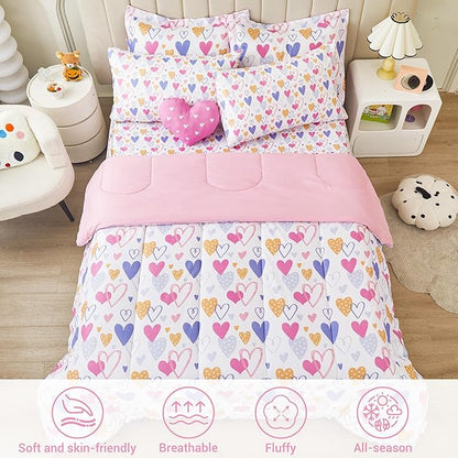 Mooreeke Full Size Comforter Sets for Girls Kids, 8 Pieces Bed in a Bag Pink Heart Bedding Comforter Sheet Set with Shams and Decorative Toy Pillow, Ultral Soft Microfiber Kids Bed Set