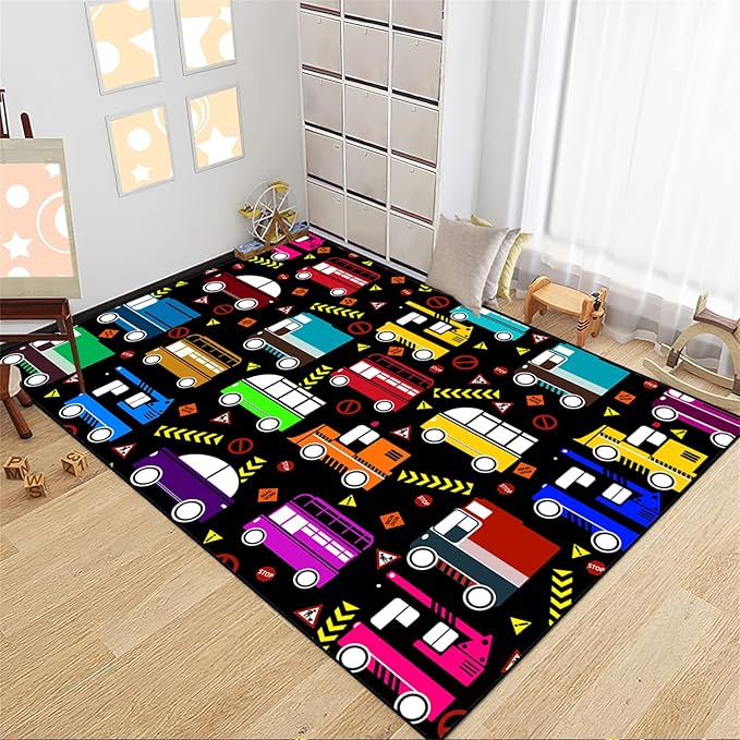 Car Play Mat Kids Rugs for Playroom Car Track Rug Kids Mat Construction Play Mat Car Play Rug Car Carpet for Kids Carpet for Bedroom Truck Rugs for Boys Room,Black 5'×7'