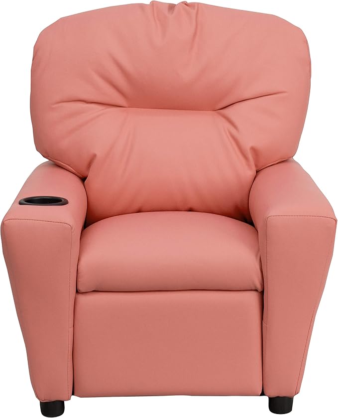 Flash Furniture Chandler Vinyl Kids Recliner with Cup Holder and Safety Recline, Contemporary Reclining Chair for Kids, Supports up to 90 lbs., Pink