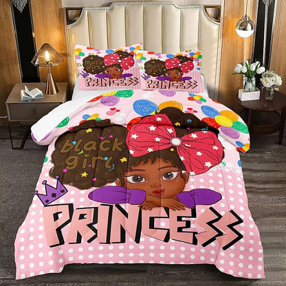 Black Girl Queen Comforter Set Black African American Girls Queen Comforter Set Princess Queen Bedding Set Room Decor Black Girl Kids Queen Bedding Sets for Girls, 1 Comforter+2 Pillowcases