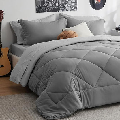 Bedsure Twin Comforter Set - 5 Pieces Reversible Twin Bed Set, Grey Extra Long Twin Bed in a Bag with Comforters, Sheets, Pillowcase & Sham, Bedding Set Twin for College