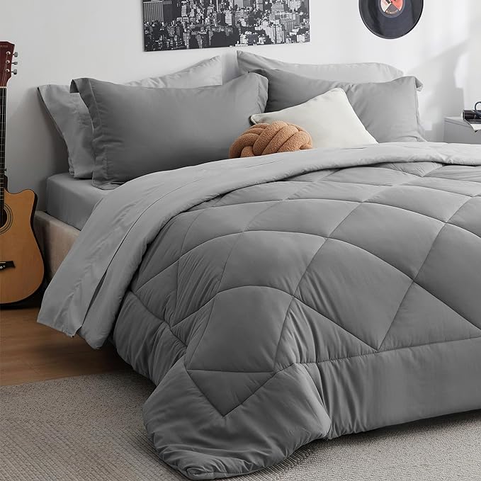 Bedsure California King Comforter Set - 7 Pieces Reversible Bed in a Bag California King with Comforters, Sheets, Pillowcases & Shams, Grey Bedding Sets