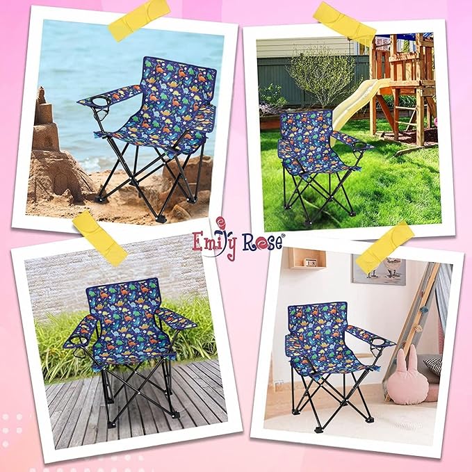 Emily Rose Kids Folding Chair | Beach Chair with Safety Lock- Camping Chair for Boyos Girls Toddler with Cup Holder & Carry Case- Tailgate, Travel, Lawn- for Indoor & Outdoor (Playful Dinosaurs)