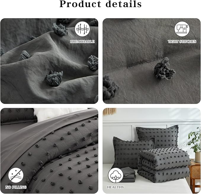 7 Pieces Tufted Dots Bed in a Bag Queen Comforter Set with Sheets Grey , Soft and Embroidery Shabby Chic Boho Comforters, Solid Color with Pom Pom Design, Jacquard Tufts Bedding Set for All Season