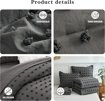 7 Pieces Tufted Dots Bed in a Bag Queen Comforter Set with Sheets Grey , Soft and Embroidery Shabby Chic Boho Comforters, Solid Color with Pom Pom Design, Jacquard Tufts Bedding Set for All Season