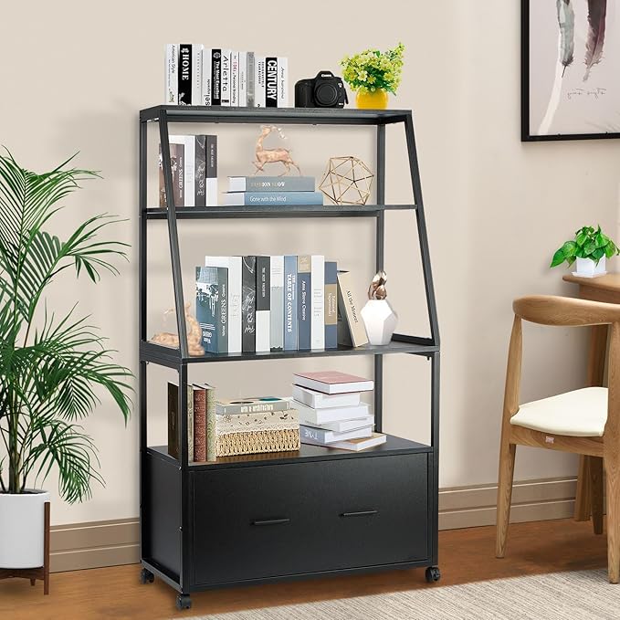 2 Drawer Lateral File Cabinet with Bookshelf, Industrial 4-Tier Filing Cabinet Printer Stand with Wheels, Ladder Shelf Stand with Open Storage for Home Office,Black