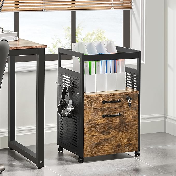 Yaheetech File Cabinets Industrial Office File Cabinet Mobile Filing Cabinet with Open Storage Shelf, Wood Filing Cabinet fits A4, Letter for Home Office Black/Rustic Brown