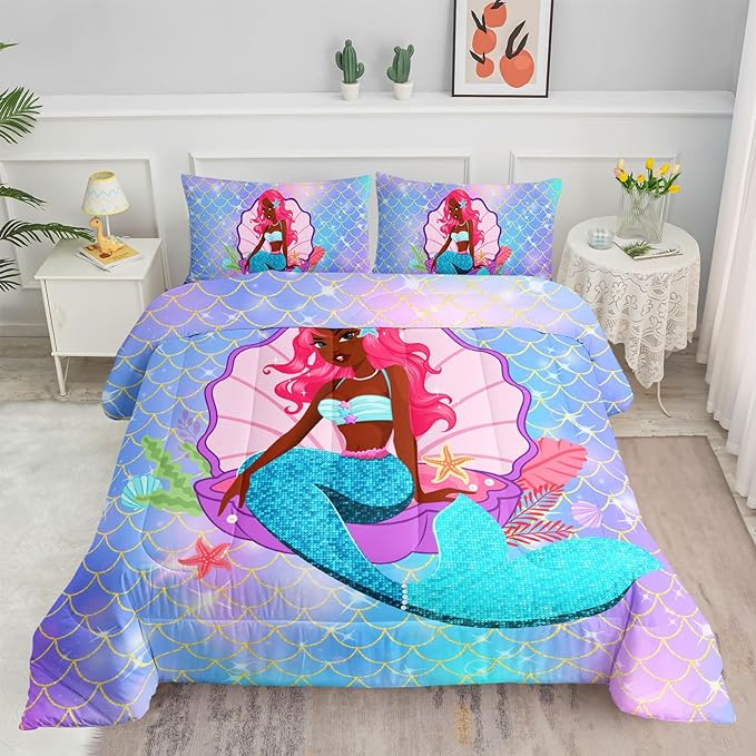 Datura home Bedding Comforter Set Black Girl Magic Mermaid Printed Pattern Quilt with 1 and 2 Pillowcases for Girls Bedroom All Season(Black Blue Queen) Queen 90x90inches