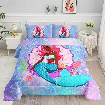 Datura home Bedding Comforter Set Black Girl Magic Mermaid Printed Pattern Quilt with 1 and 2 Pillowcases for Girls Bedroom All Season(Black Blue Queen) Queen 90x90inches