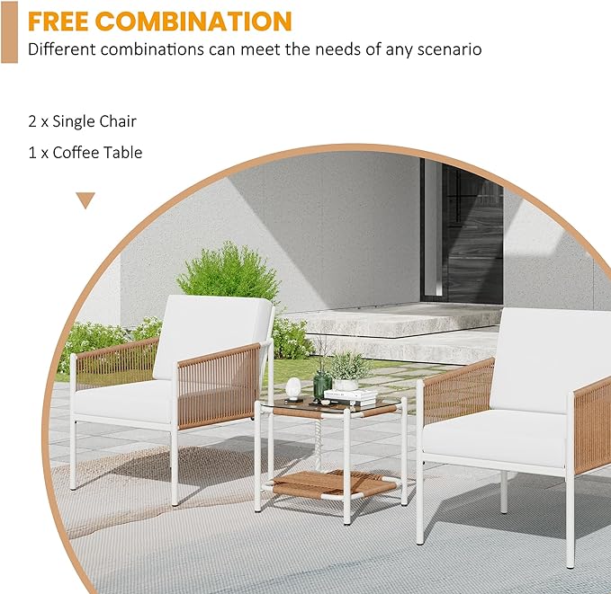 Shintenchi 3 Piece Wicker Patio Furniture Set, Outdoor Furniture Rattan Conversation Set with Two Single Chairs and Coffee Table for Backyard, Balcony, Poolside
