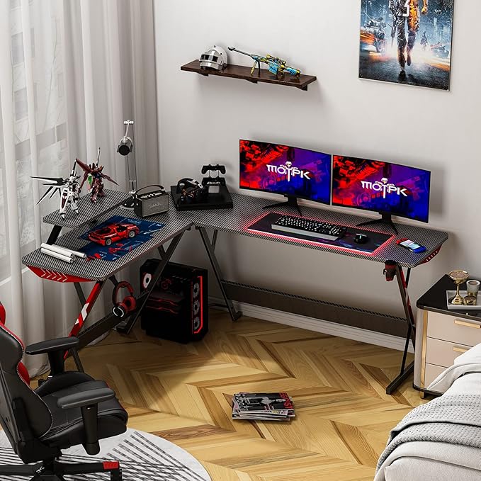 MOTPK L Shaped Gaming Desk 66 Inch, Gaming Computer Desk L Shape with Carbon Fiber Surface, Gamer Desk Gaming Table with Monitor Shelf, Cup Holder & Headphone Hook, Black
