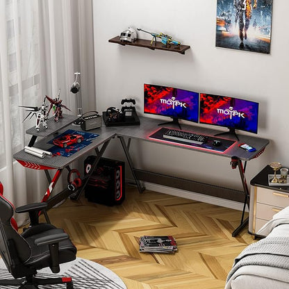 MOTPK L Shaped Gaming Desk 66 Inch, Gaming Computer Desk L Shape with Carbon Fiber Surface, Gamer Desk Gaming Table with Monitor Shelf, Cup Holder & Headphone Hook, Black