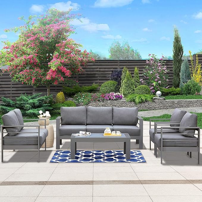 Wisteria Lane Aluminum Outdoor Patio Furniture Set, Modern Patio Conversation Sets, Outdoor Sectional Metal Sofa with 5 Inch Cushion and Coffee Table for Balcony, Garden, Dark Grey