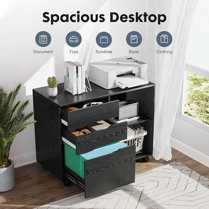 DUMOS Lateral File Cabinet with 3 Drawers Rolling Wooden Printer Stand Under Desk Storage Organizer with 4 Wheels Adjustable Shelf for Office Home, Black