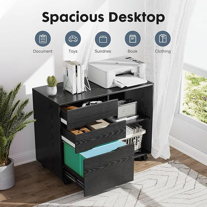 DUMOS Lateral File Cabinet with 3 Drawers Rolling Wooden Printer Stand Under Desk Storage Organizer with 4 Wheels Adjustable Shelf for Office Home, Black