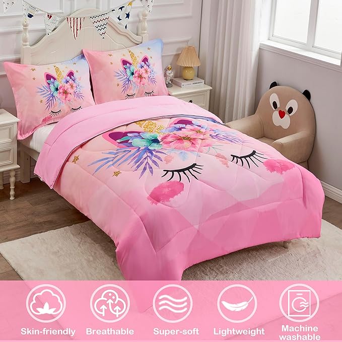 Pink Unicorn Queen Bedding Set for Girls 3 Piece Kids Comforter Set Cartoon Unicorn Flowers Quilt Set Bed in A Bag Lightweight Duvet Bed Set for Kids Teen Girls Women Bedroom Decor with 2 Pillowcases