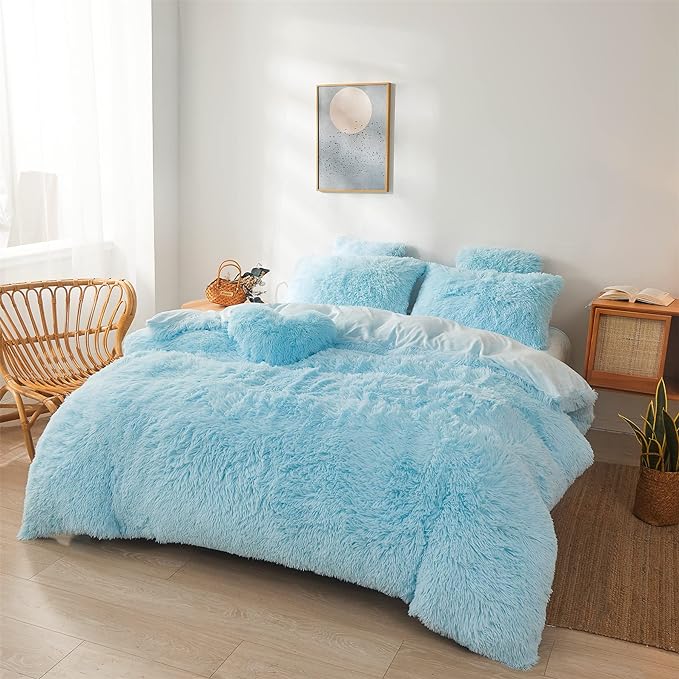 Fluffy Blue Comforter Cover Set Queen - Ultra Soft Plush Blue Bedding Sets 3 Pieces (1 Faux Fur Duvet Cover + 2 Faux Fur Pillow case) Blue Bed Set Queen (Blue, Queen)