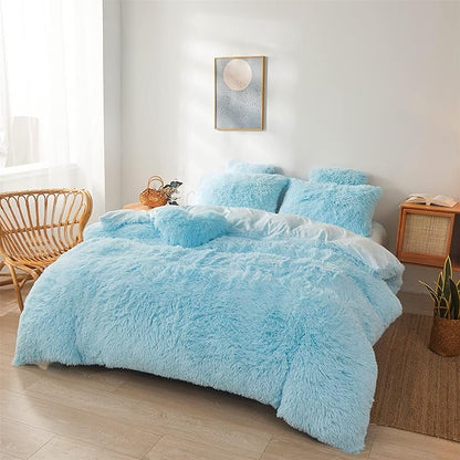 Fluffy Blue Comforter Cover Set Queen - Ultra Soft Plush Blue Bedding Sets 3 Pieces (1 Faux Fur Duvet Cover + 2 Faux Fur Pillow case) Blue Bed Set Queen (Blue, Queen)