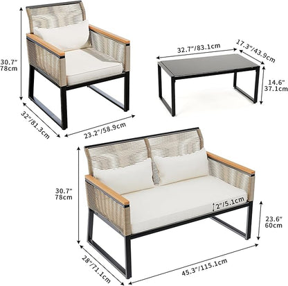 YITAHOME Patio Furniture Wicker Outdoor Bistro Set, 4-Piece All Weather Rattan Conversation Loveseat for Backyard, Balcony and Deck with Wooden Armrest, Gray Cushions and Metal Coffee Table