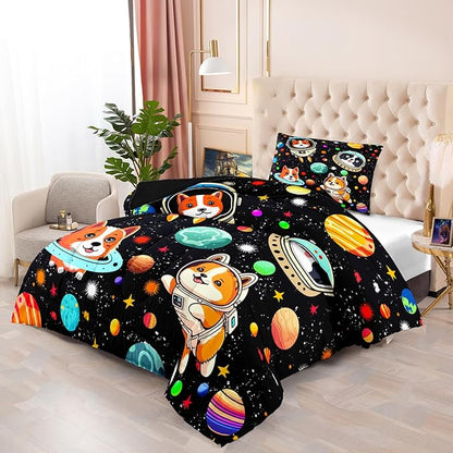 Space Dog Comforter Set - Cute Dog Twin Bedding Set for Kids Girls Boys Cartoon Dog Astronaut Prints Comforter Set Funny Outer Space Dog Bedding Sets for Kids Room Decor, 1 Comforter+1 Pillowcase